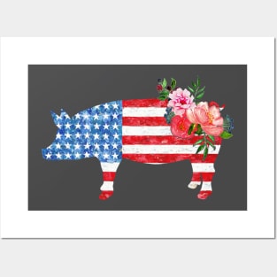 Pig America Flag With Flowers. Posters and Art